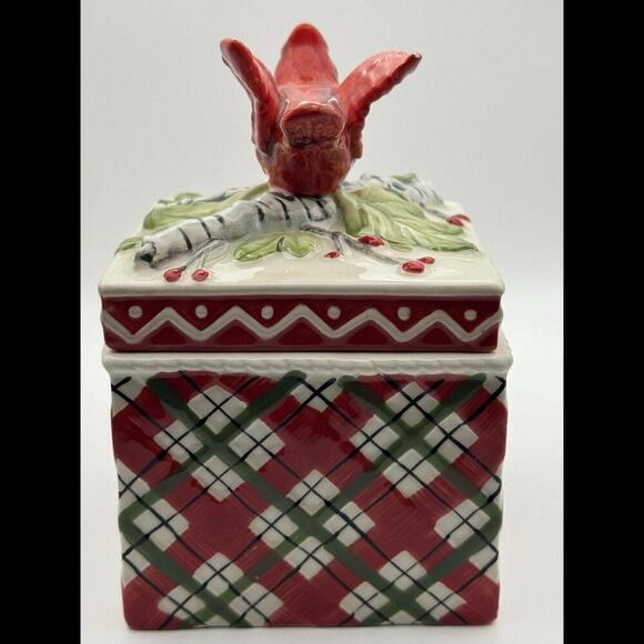 FITZ AND FLOYD Christmas "Winterberry" Plaid W/Cardinal Lidded Trinket Box - Picture 6 of 8